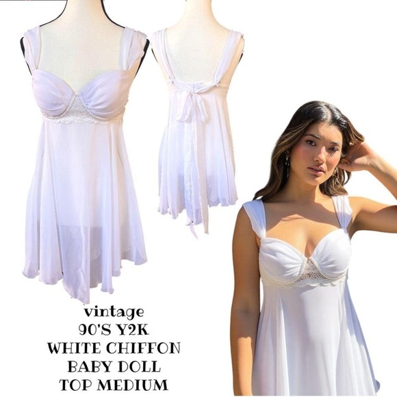 American Vintage Tops - 90'S Y2K VINTAGE WHITE CHIFFON FAIRY BABY DOLL BLOUSE CAMI MINI DRESS MEDIUM